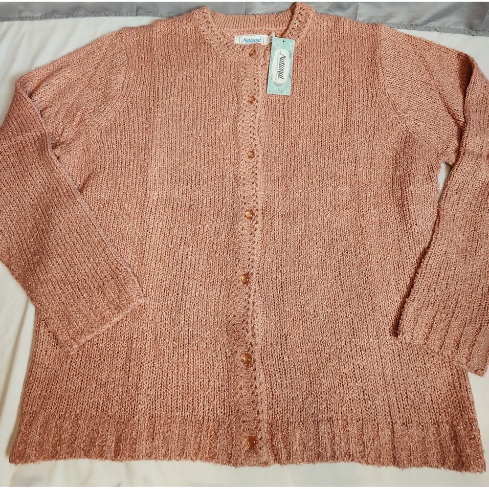 National Women 1X Cardigan Sweater Pink Knit Button Front Cottagecore Cozy NWT